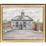 Primitive oil on board depicting a chapel, signed G Drury, 24x39.5cm Bears Christie's stock label to