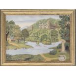 English primitive school, view of a castle above a river, oil on canvas (tear), 44x61cm