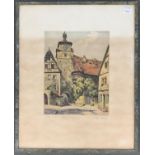 A coloured etching of Rothenburg, 24x19cm