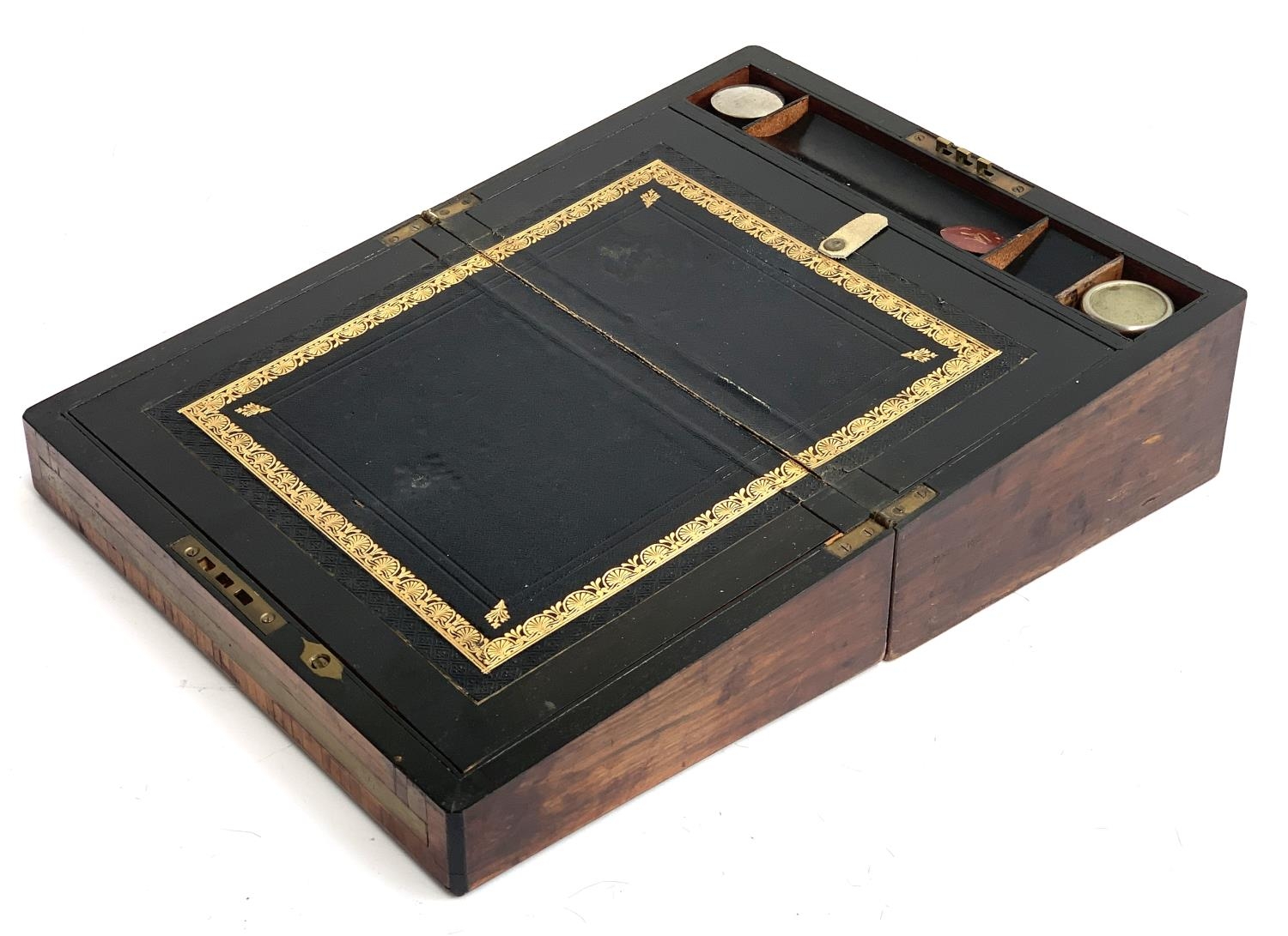A 19th century walnut and brass bound writing box, fitted interior with key and inkwells present, - Image 2 of 3