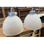 A pair of industrial style frosted glass hanging lightshades, 34cmD