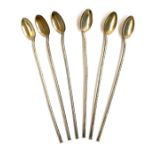 A set of six sterling silver cocktail drinking straw spoon stirrers, each 18cm long