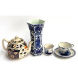 A Delft vase made for Royal Sphinx by Boch, 23cmH; Delft candle holder, 6.5cmH; Delft 'Mesla' teacup