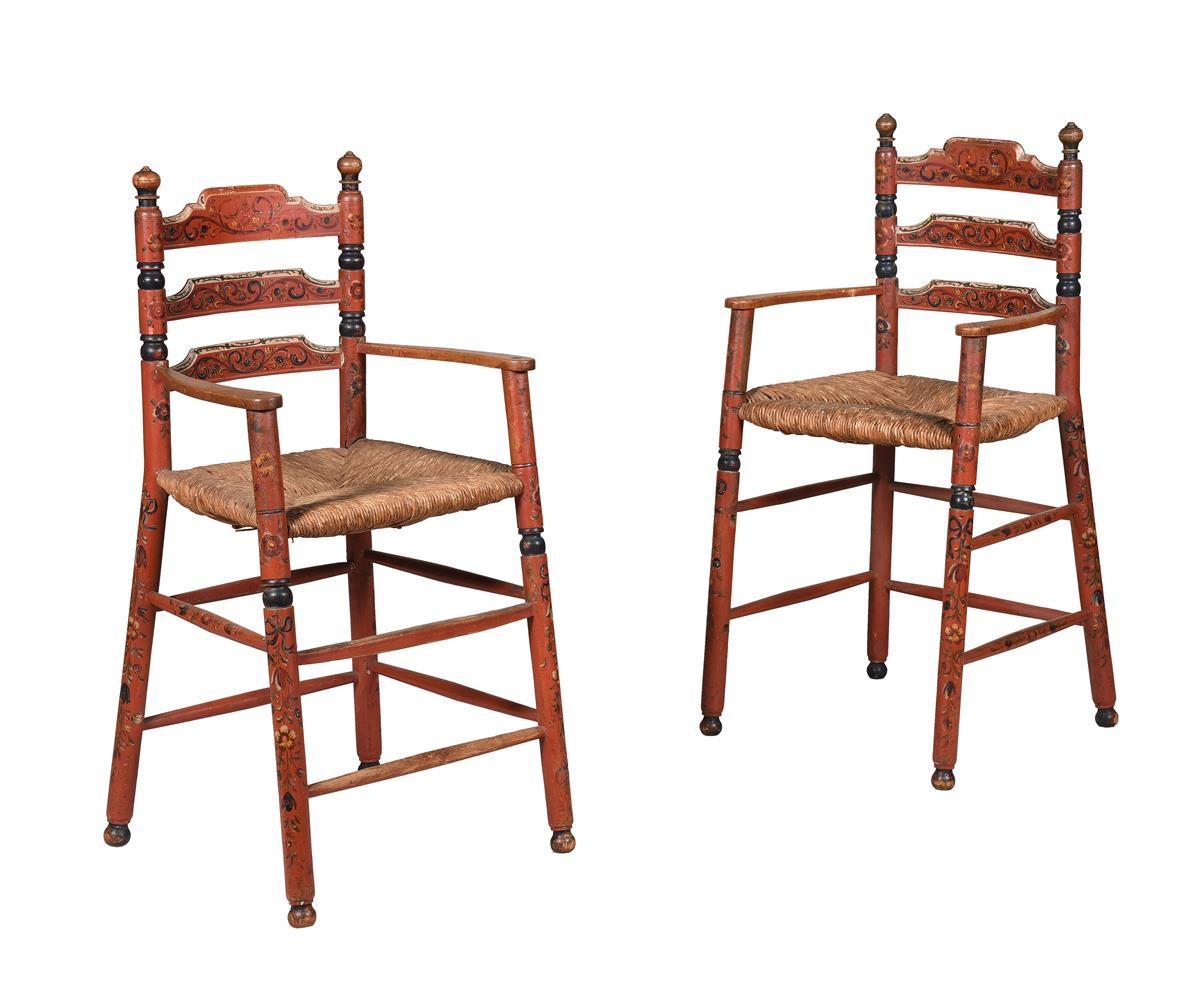 A pair of Scandinavian red and polychrome painted side chairs, mid 19th century, probably ash,