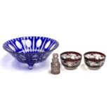 A Bohemian blue cut glass fruit bowl, 24cmD; together with a scent bottle, 8cmH and two other bowls