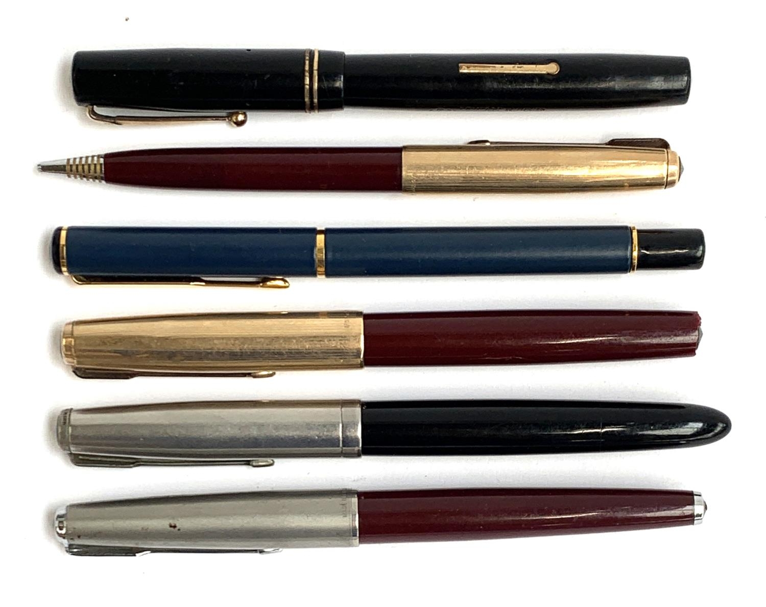 Three Parker fountain pens, together with 2 Parker ballpoint pens and a Mabie, Todd & Co Swan self