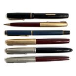 Three Parker fountain pens, together with 2 Parker ballpoint pens and a Mabie, Todd & Co Swan self