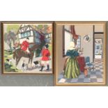 Two needlework pictures, one depicting a huntsman, 44x55cm, the other a domestic scene