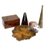 A mixed lot to include walnut and parquetry box (af), 25cmW; metronome (af); Indian papier mache