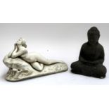 A cast figure of a reclining nude, 42cmL, together with a Buddha, 30cmH