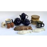 A mixed lot to include Polish enamel coffee and teapots, stoneware biscuit barrel, copper mould,