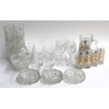 A mixed lot of glass and cut glass items to include ashtrays, basket, wine glasses etc