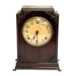 A mahogany cased mantel clock, twin drum movement striking on a coil, 29cmH