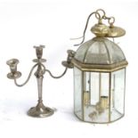 A hexagonal gilt metal lantern with bevelled glass, approx. 49cmH to base of fitting, together