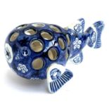 A ceramic Delft puffer fish incense holder, 11cmL