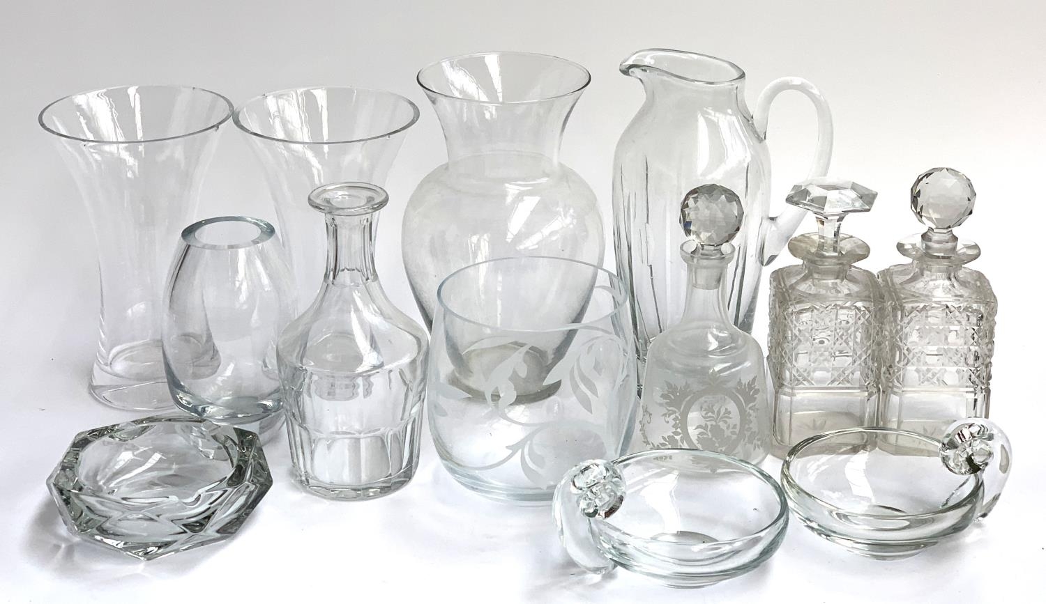 A mixed lot of glassware to include Baccarat decanter; several other decanters; bonbon dish etc