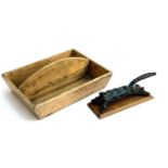 A wooden trug, together with a cast iron cork crimper