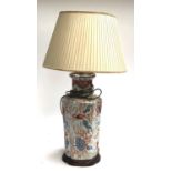 An oriental ceramic table lamp in Imari pattern, pleated shade, wooden base, height to top of the