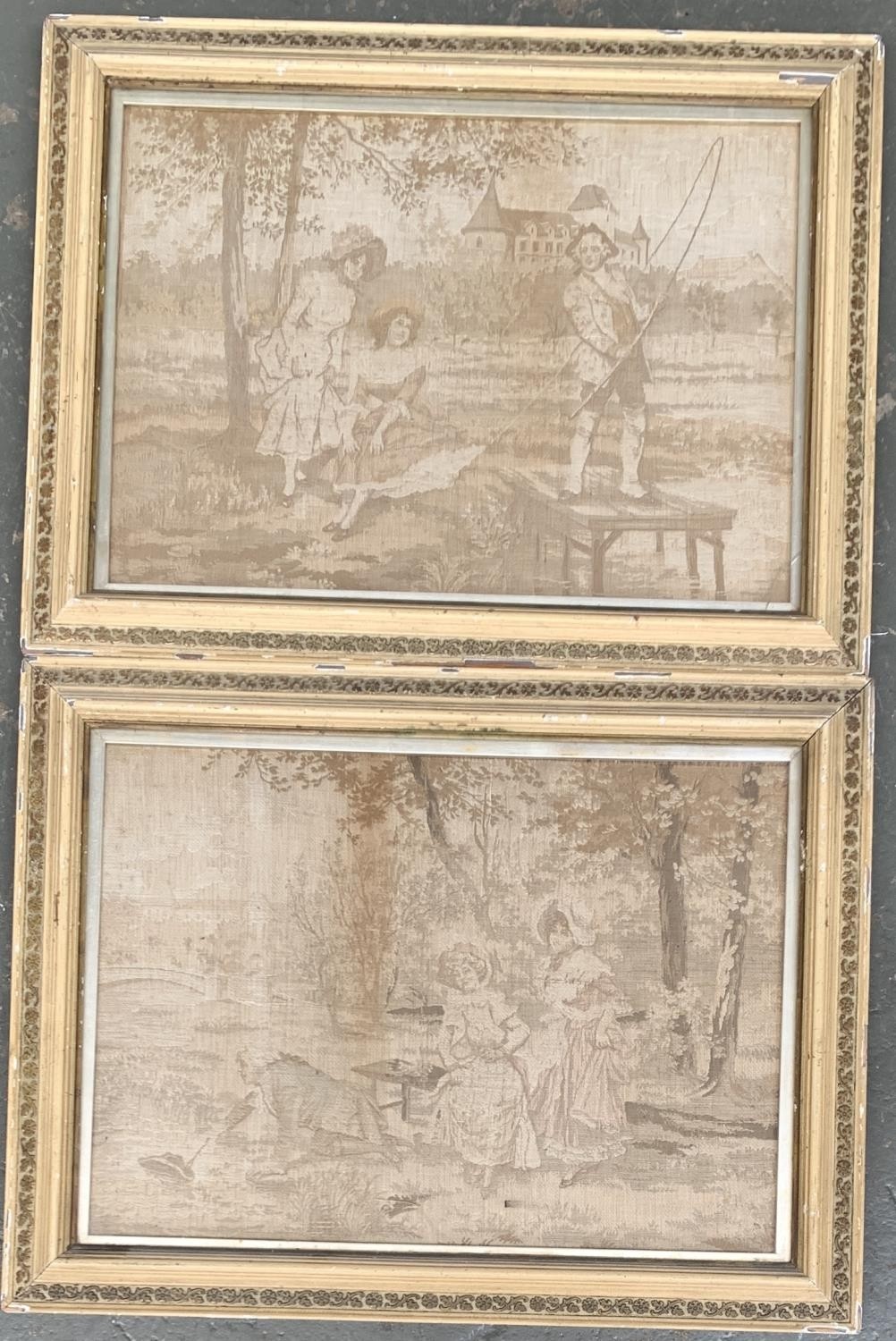 A pair of faded needleworks depicting pastoral scenes, each 31x43cm