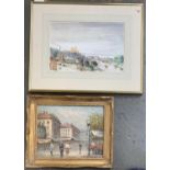 20th century watercolour of a German town, 18.5x27cm; together with an oil on board, Continental