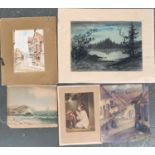 A number of pictures and prints to include a small early 20th century watercolour of a Tudor street,