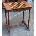 A mahogany inlaid chess table, single drawer containing draughts pieces, on turned legs, 62x45x71cmH