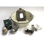 A mixed lot to include enamel wash basin, shaving mug, tastevin, a quantity of keys, etc