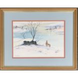 Don McKechnie, hare in snow, watercolour, 18x25cm