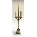 A four arm electric table lamp with engraved glass column and gilt metal sconces, 84.5cmH