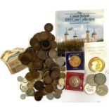 A quantity of British and world coins to include pre 1947 silver florin, shilling, sixpence, 1826