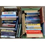 Two mixed boxes of books to include Royal Family interest, Michael Palin, stamp collector's