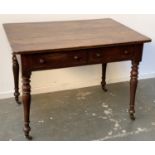 A 19th century oak desk, with two frieze drawers, on baluster turned legs and ceramic casters,