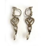 A pair of Ola Gorie silver screw back earrings, Celtic knot hearts with freshwater pearl drops