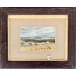 A late 19th/early 20th century watercolour of hay stooks with landscape behind, 8.5x12cm