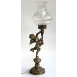 A silver plated figural cherub lamp converted for electric use with an etched glass shade, 70.5cmH