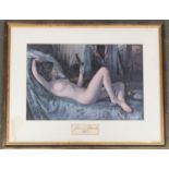 Colour print of a reclining nude with looking glass, 35x52cm