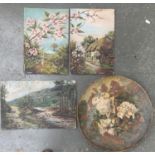 Early 20th century diptych of a country cottage and cherry blossom, oil on board, each panel 35.