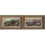 A pair of oils on canvas, similar scenes of highland cattle within landscape, 29x59.5cm (2)