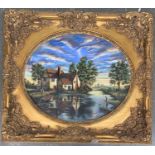 Oil on board, cottages by a lake, signed P. Hamilton and dated 2000, in heavy gilt style frame,