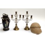 Two gilt metal three arm candlesticks, 32cmH, together with 2 frosted glass light shades and a