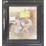 20th century oil on board, three children playing piano and drums, 28x23cm