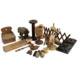 A mixed lot of wooden items to include carved Japanese figure of a monkey, clogs, folding book rack,