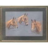 Elizabeth Kitson, pastel study of three polo ponies, 'Caprice', 'Romeo' and 'Mareta', dated 1981