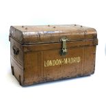 A painted metal travel trunk, inscribed 'First Class, London-Madrid', 65, 44x41cm