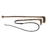 An ash hunting whip, with leather thong and lash; together with a walking cane (2)