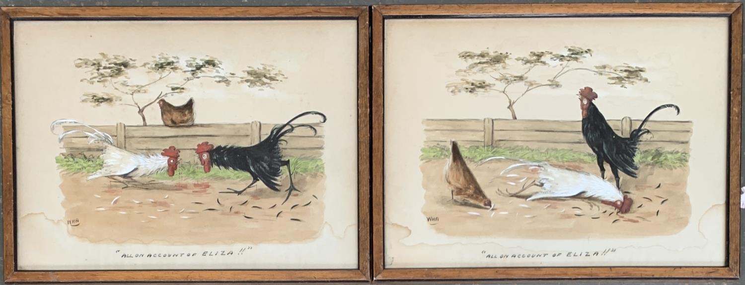 English school, 'All on account of Eliza', two cockfighting cartoons of cockerels fighting over a