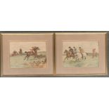 A pair of coloured engravings of hunting scenes, each 22x30cm