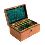 A 19th century leather jewellery box, green velvet interior with removeable tray, monogrammed M.E,
