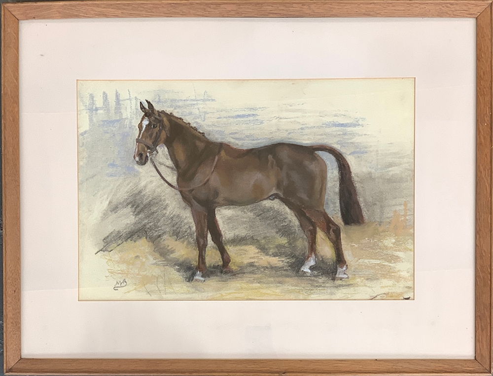 A pastel study of a hunter with bridle, signed indistinctly signed, bears label for Frost & Reed