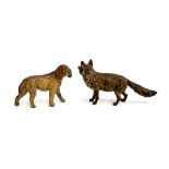 Two small cold painted bronzes of a fox, 8cm long, and a foxhound
